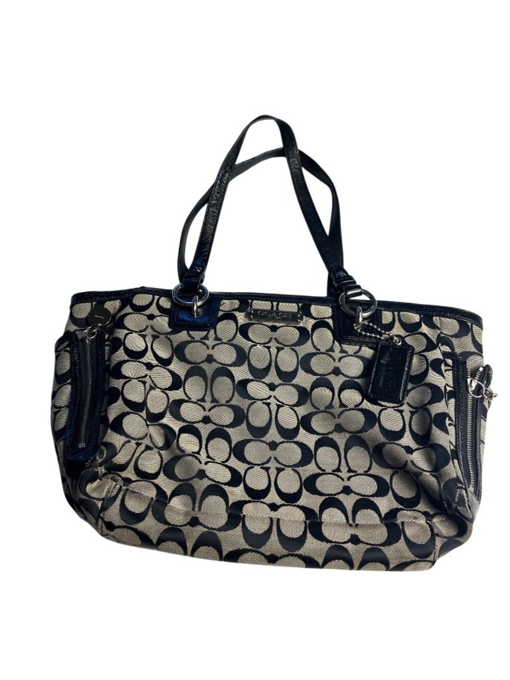 Coach  Signature Zip Tote Black Beige Jacquard & Leather Shoulder Bag Silver